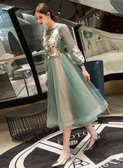 Green Round Neckline Tea Length Floral Wedding Party Dress, Green Prom Dress
