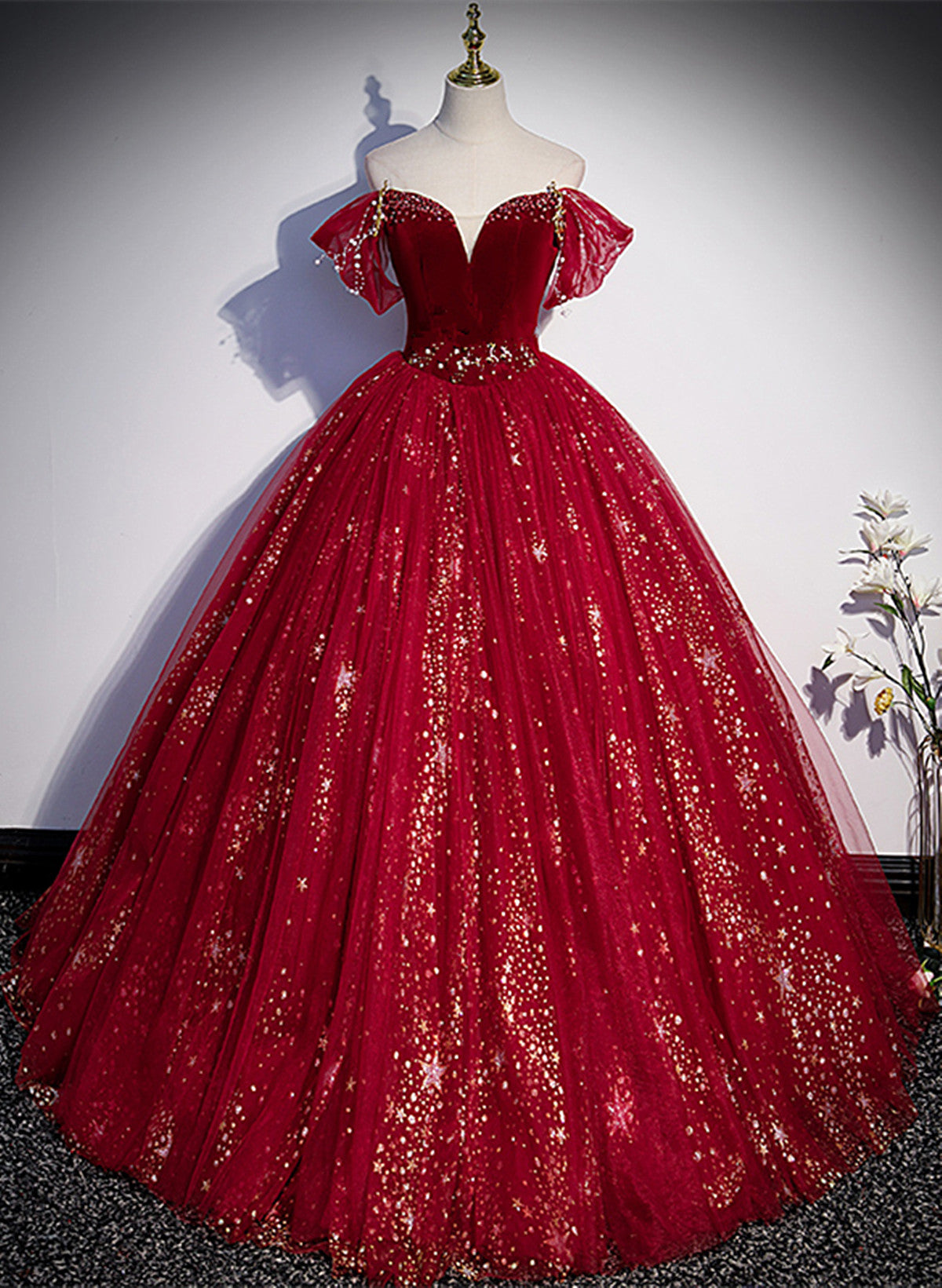 Wine Red Tulle Ball Gown Beaded Sweetheart Party Dress, Wine Red Prom Dress