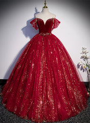 Wine Red Tulle Ball Gown Beaded Sweetheart Party Dress, Wine Red Prom Dress