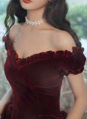 Wine Red Off Shoulder Velvet Tea Length Party Dress, Velvet Prom Dress Homecoming Dress