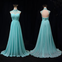 Blue Chiffon Lace and Beaded Cap Sleeves Prom Party Dress, A-line Chiffon Formal Dress