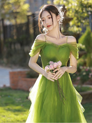 Lovely Green Tulle Beaded Straps Short Party Dress, Green Short Homecoming Dress