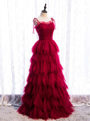 Burgundy Tulle Long Prom Dresses, Burgundy Formal Graduation Dresses