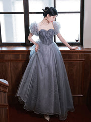 Gray A line tulle long prom dress gray tulle formal dress