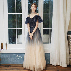 Blue and Champagne Gradient Off Shoulder Party Dress, A-line Long Prom Dress