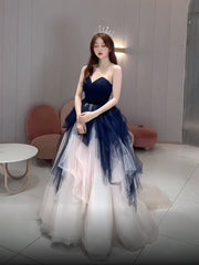Navy Blue and Ivory Tulle Sweetheart Formal Dress, Layers Tulle Prom Dress