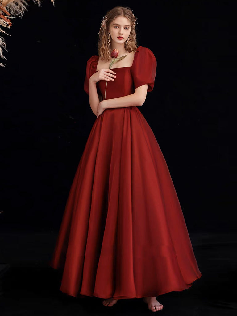 A-Line Organza Burgundy Long Prom Dress, Burgundy Long Formal Dress