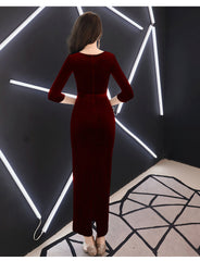 Elegant Mermaid Tea Length Wedding Party Dress, Velvet Burgundy Party Dress