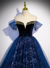 Navy Blue Tulle Off Shoulder Beaded Long Party Dress, Navy Blue Tulle Prom Dress