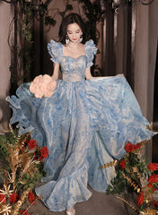 Pretty Light Blue Floral Short Sleeves Long Prom Dress, Light Blue Evening Dress