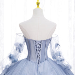 Light Blue Tulle Long Sleeves with Flowers, Blue Junior Prom Dresses