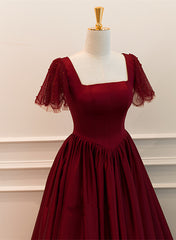 Wine Red Satin A-line Floor Length Party Dress, Wine Red Evening Dress