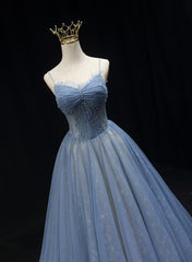 Blue Straps Beaded Tulle A-line Long Party Dress, Blue Fashionable Prom Dress