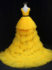 Yellow Tulle High Low Prom Dress, Yellow Formal Evening Dress