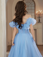Blue A-Line Off Shoulder Tulle Long Prom Dress, Blue Tulle Formal Evening Dress