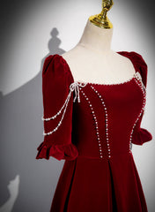Wine Red Velvet Short Sleeves Long Prom Dress, Wine Red A-line Evening Dress