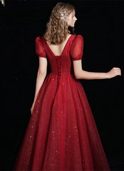 Wine Red Short Sleeves Tulle V-neckline Long Prom Dress, Wine Red Evening Dress