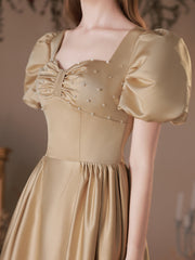 Simple Satin Tea Length Champagne Prom Dress, Satin Evening Dresses