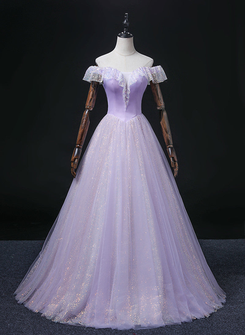 Lavender Tulle Sweetheart Off Shoulder Formal Dress, Long Party Dress Prom Dress