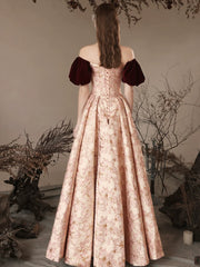 A-Line Pink Satin Velvet Long Prom Dress, Pink Long Formal Dress