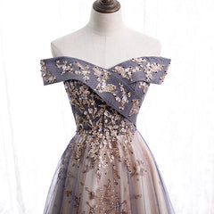 Beautiful Off Shoulder Tulle with Lace Long Evening Gown, Floor Length Prom Dresses