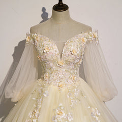 Beautiful Ivory Tulle Long Sleeves Floral Sweet 16 Gown, Party Gowns