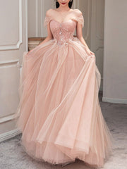 Pink sweetheart neck tulle long prom dress, pink tulle formal dress