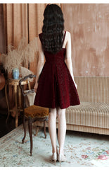 Wine Red Velvet Short Party Dress Homecoming Dress, Wine Red Bridesmaid Dress