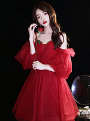 Red sweetheart neck tulle short prom dress cute homecoming dress