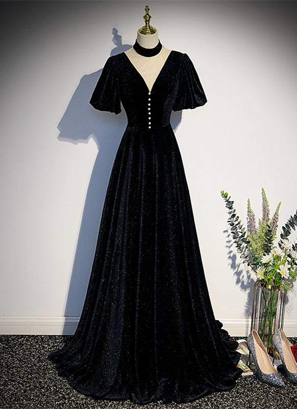 Long Velvet V-neckline Floor Length Prom Dresses, Black Evening Wedding Party Dresses