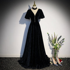 Long Velvet V-neckline Floor Length Prom Dresses, Black Evening Wedding Party Dresses