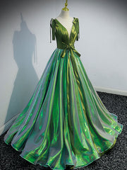 Unique v neck green long prom dress, green formal graduation dress