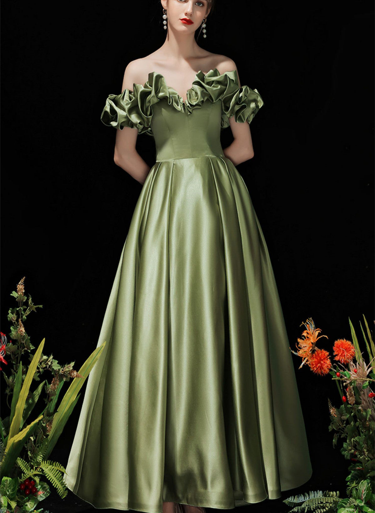 Green Satin Off Shoulder Prom Dress, A-line Green Evening Dress Party Dress