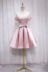 Pink Satin Off Shoulder Lace Top Homecoming Dress, Pink Gradaution Dresses