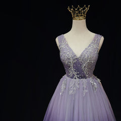 Light Purple Tulle Gradient Lace Applique Formal Dress, Beautiful Long Prom Dress