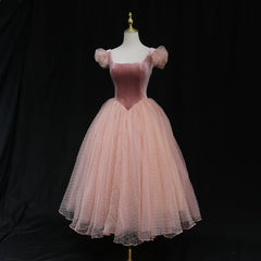 Pink Tulle and Velvet Short Sleeves Party Dress, Pink Tea Length Formal Dress