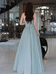 Blue A line long prom dress, blue formal party dress
