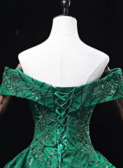 Green Ball Gown Off Shoulder Tulle Party Dress, Green Lace Sweet 16 Dress