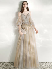 Champagne A Line Tulle lace long Prom Dress, Champagne Graduation Dresses