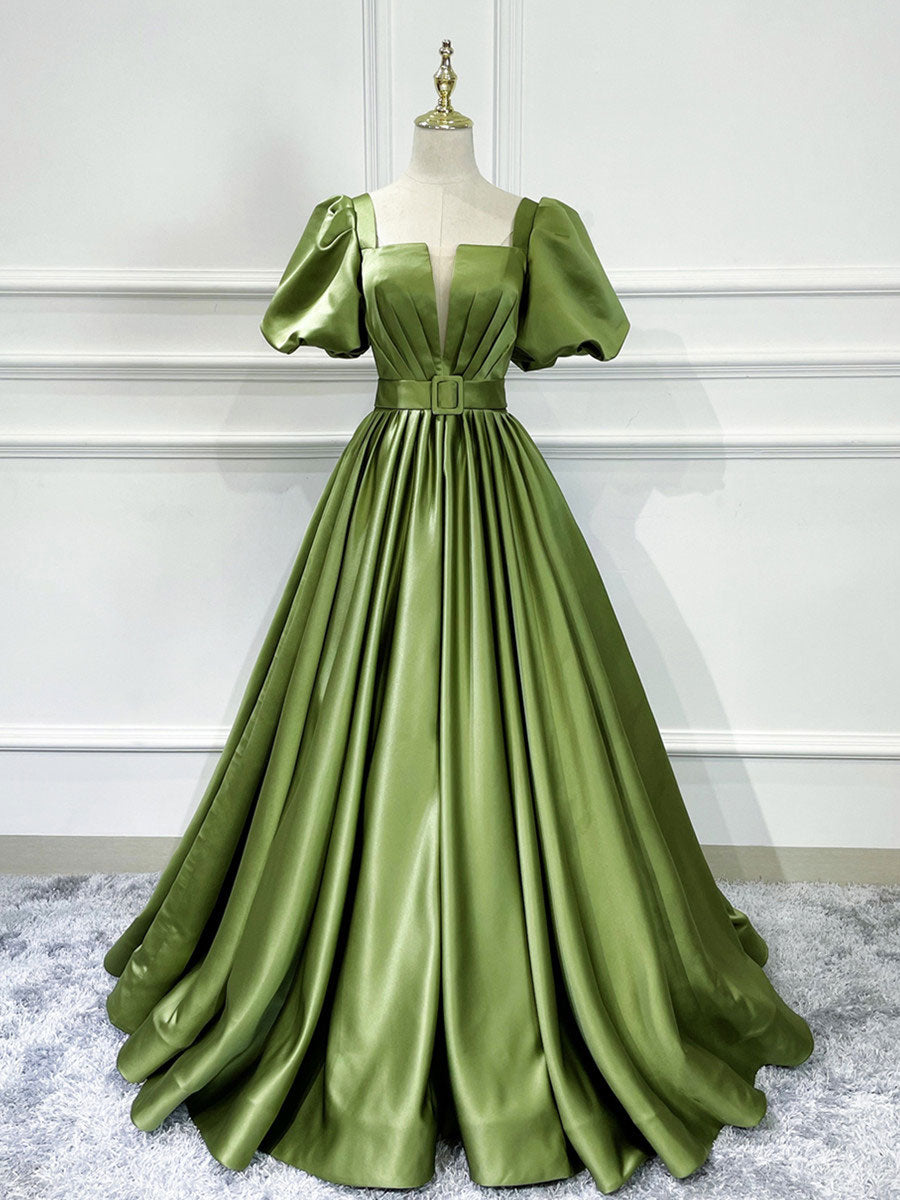 Green A line satin long prom dress, green formal evening dress