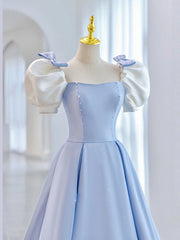 Blue Satin Long Prom Dress, Blue Formal Evening Dresses