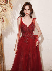 Wine Red Beaded Straps V-neckline Floor Length Party Dress, Wine Red Long Prom Dress
