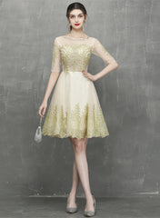 Champagne Knee Length Tulle with Lace Party Dress, Short Homecoming Dress