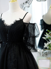 Black A-Line Tulle Lace Short Prom Dress, Black Homecoming Dresses