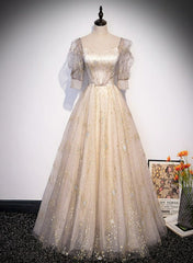 Light Champagne Short Sleeves Tulle Long Formal Dress, A-line Floor Length Party Dresses