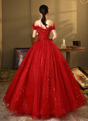 Red Scoop Ball Gown Shiny Tulle Off Shoulder Party Dress, Red Sweet 16 Dress Formal Dress