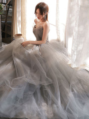 Gray A line tulle lace long prom dress gray formal dress