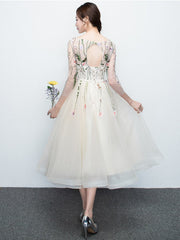 Light Champagne Tea Length Floral Lace Formal Dress Bridesmaid Dress, Cute Short Party Dresses