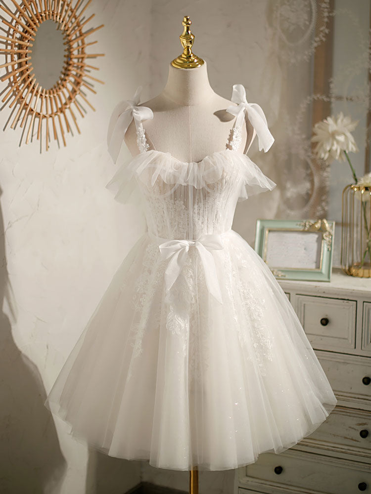 White sweetheart neck tulle lace short prom dress, white tulle formal dress