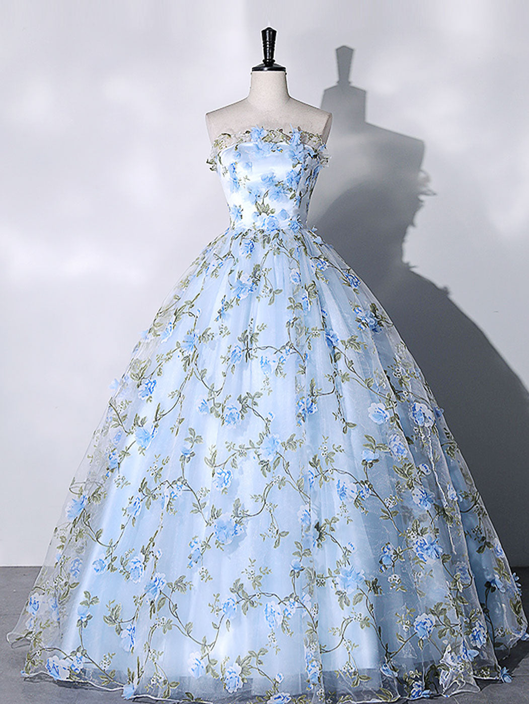 Blue Tulle 3 D Applique Long Prom Dress, Blue Formal Evening Dress